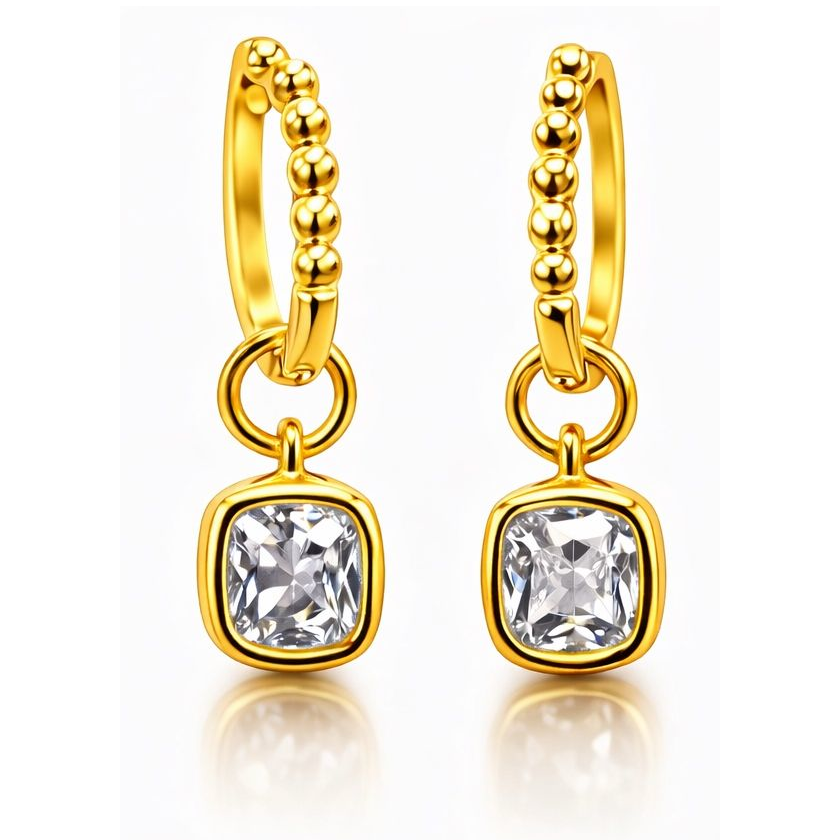 1CTW Created Moissanite Beaded Hoop Drop Earrings in 14kt Gold Over Sterling Silver - Round or Cushion Cut