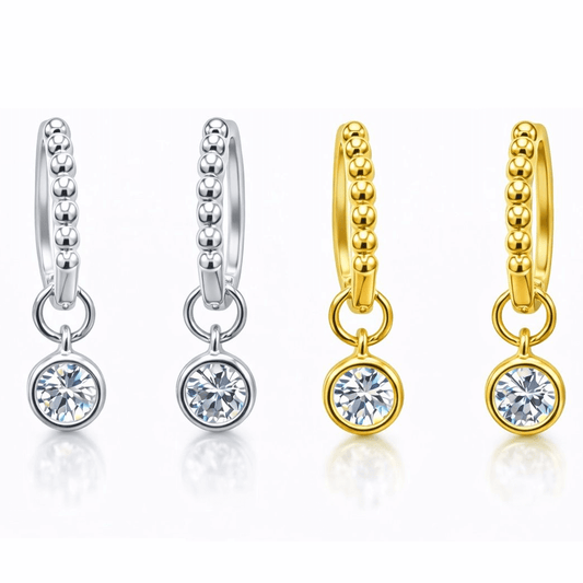 1CTW Created Moissanite Beaded Hoop Drop Earrings in 14kt Gold Over Sterling Silver - Round or Cushion Cut