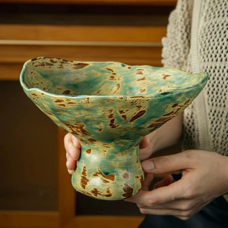 Vintage Wabi-Sabi Irregular Ceramic Pedestal Fruit Bowl – Rough Pottery Display Tray