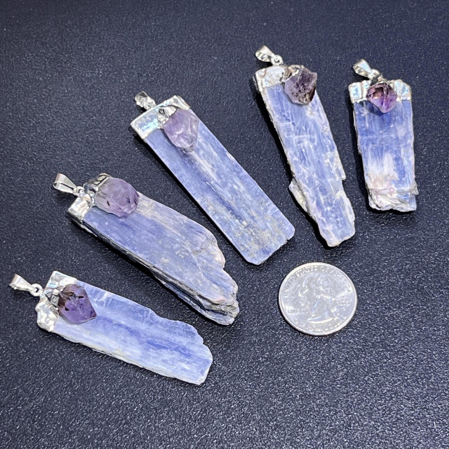 Kyanite Amethyst Crystal Point Pendant (Silver Plated)