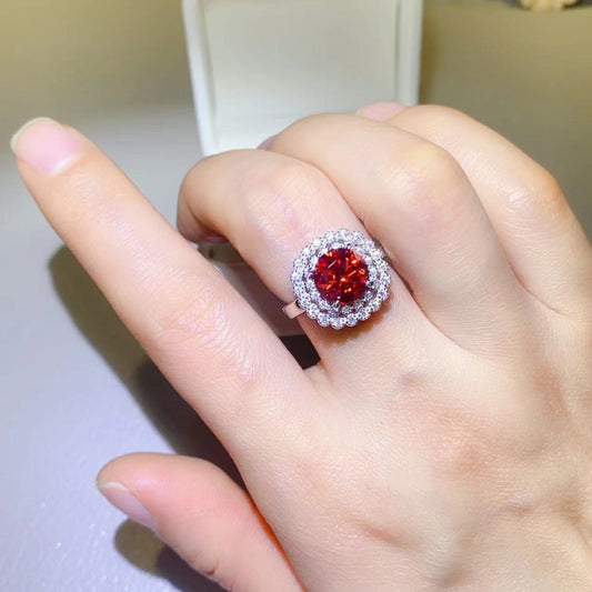 2 Carat Red Red Brilliant Round Cut Sparkala™ Pure Sterling Silver Halo Ring