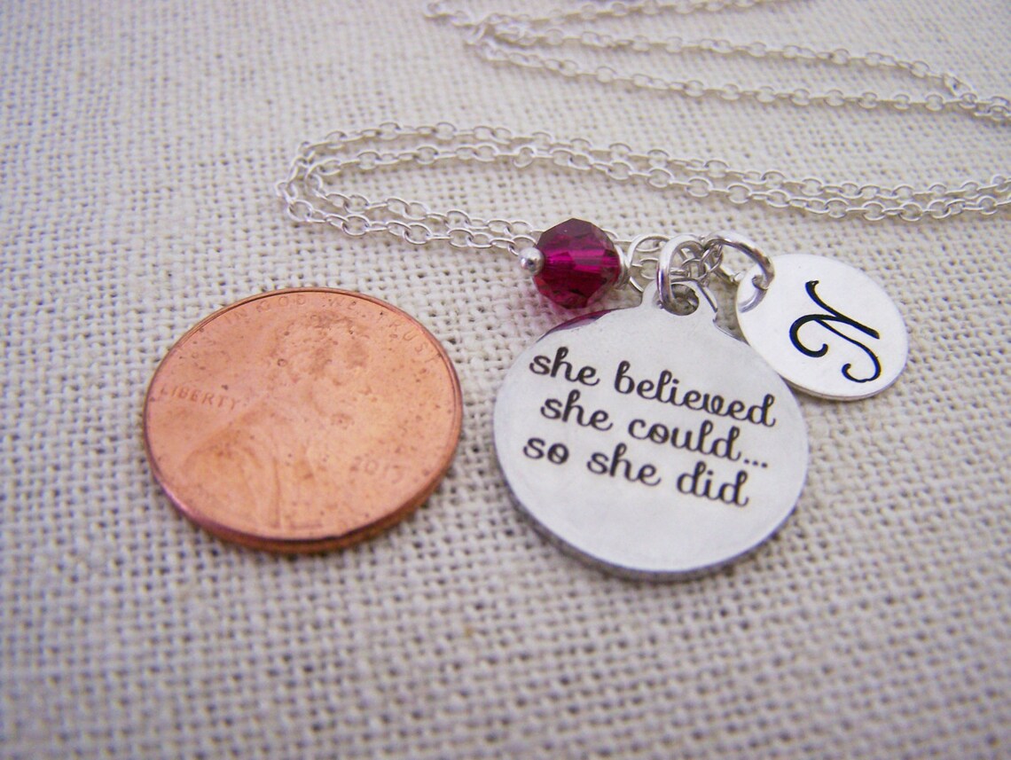 “She Believed She Could So She Did” Necklace – Stainless Steel Charm with Sterling Silver Chain, Birthstone & Initial