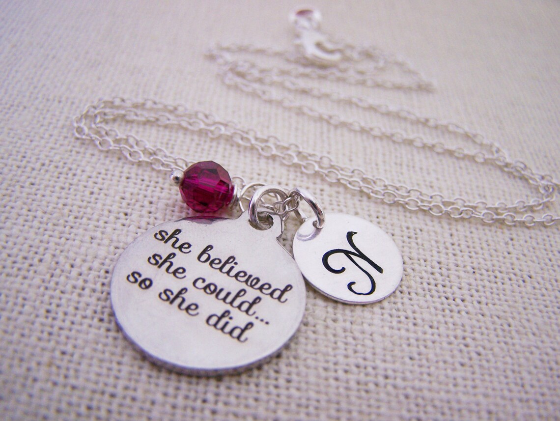 “She Believed She Could So She Did” Necklace – Stainless Steel Charm with Sterling Silver Chain, Birthstone & Initial