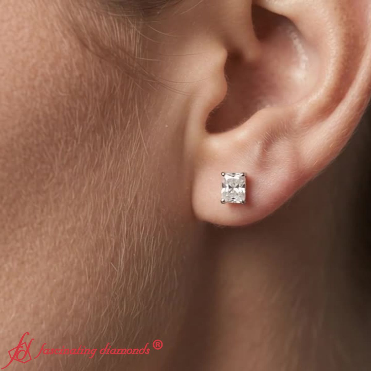 IGI Certified Basket Stud Earrings Set With Radiant Cut Diamonds