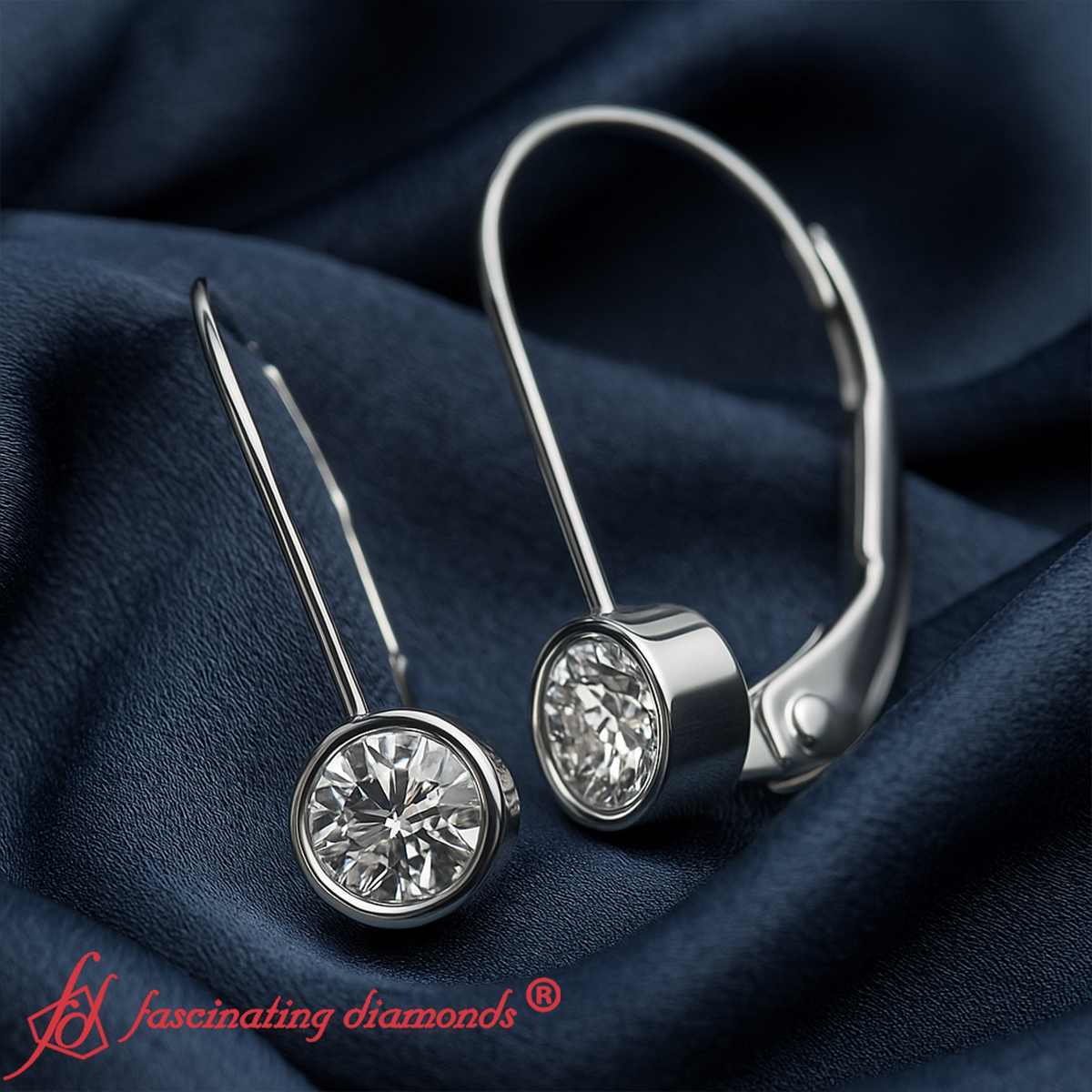 Lever Back Bezel Set Round Diamond Earrings