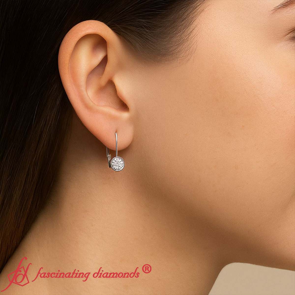 Lever Back Bezel Set Round Diamond Earrings