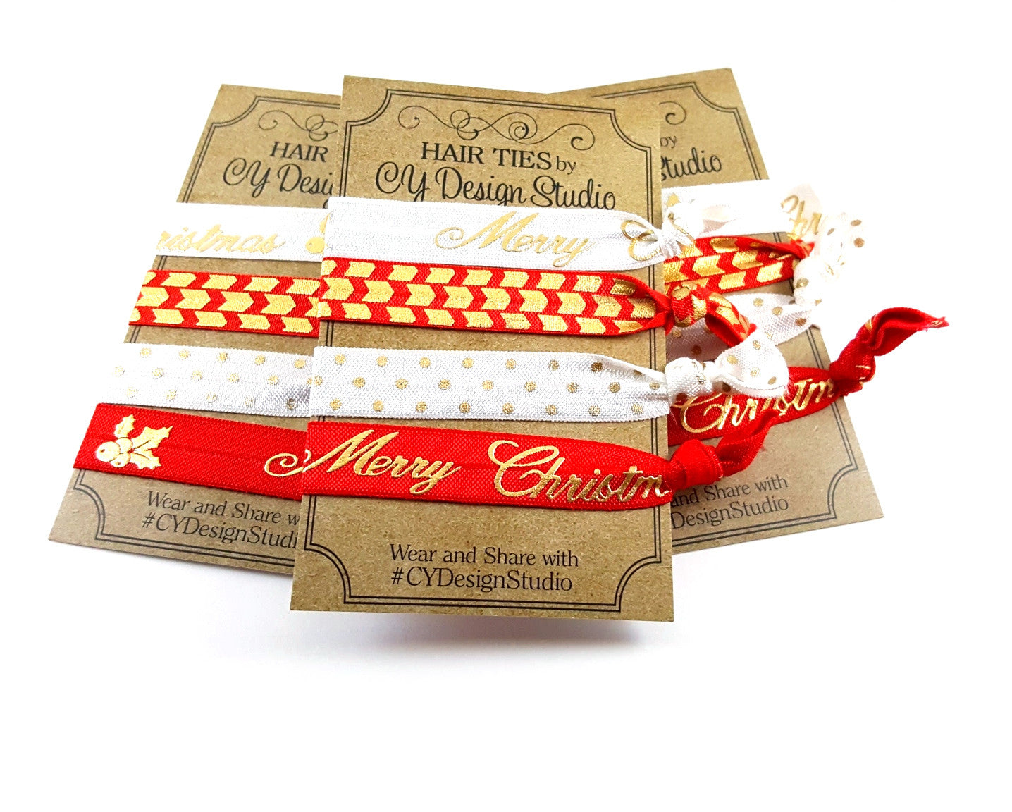 Christmas Holiday Gold Foil Hair Ties Set - Stocking Stuffer