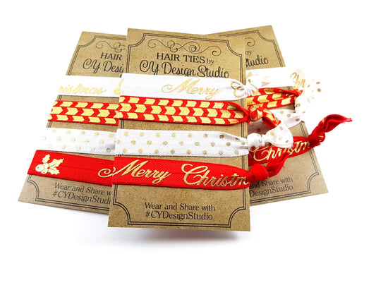Christmas Holiday Gold Foil Hair Ties Set - Stocking Stuffer