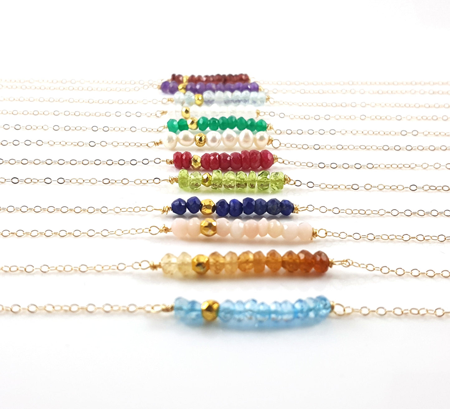Gemstone Bar Necklace - Birthstone Dainty Bar 14k Gold Fill Wire Wrapped Necklace - Gift for Her