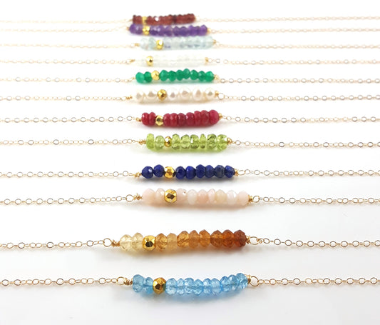 Gemstone Bar Necklace - Birthstone Dainty Bar 14k Gold Fill Wire Wrapped Necklace - Gift for Her
