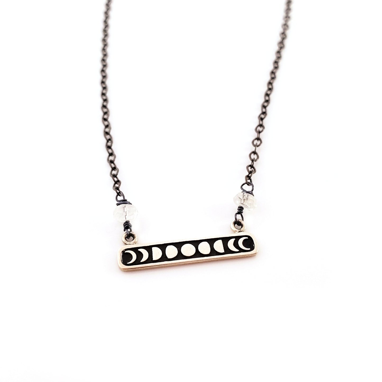 Celestial Moon Phase Charm - Oxidized Sterling Silver Necklace - Gift for Her
