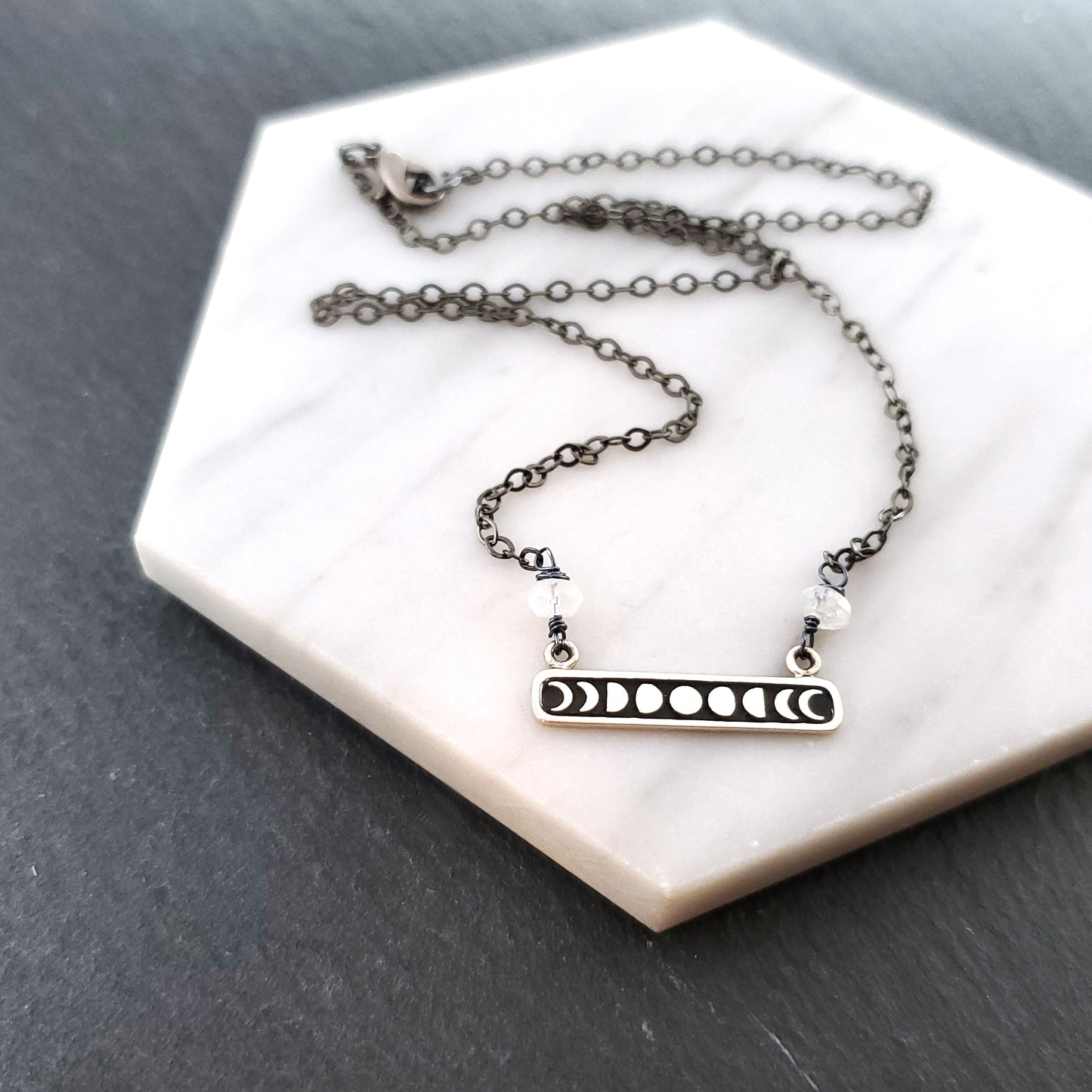 Celestial Moon Phase Charm - Oxidized Sterling Silver Necklace - Gift for Her