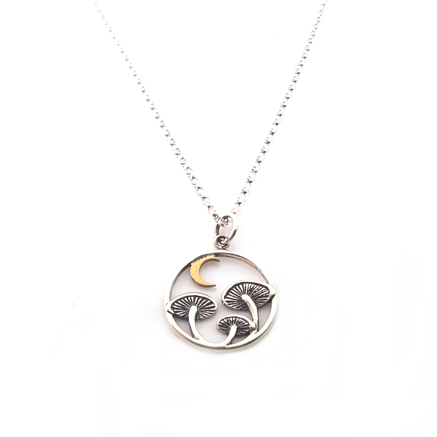 Sterling Silver Mushroom & Bronze Moon Necklace – Woodland Witchy Jewelry