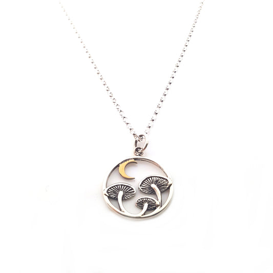 Sterling Silver Mushroom & Bronze Moon Necklace – Woodland Witchy Jewelry