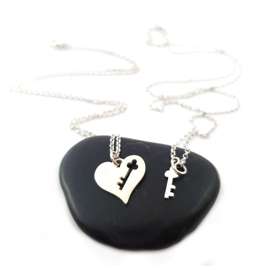 Sterling Silver Mother-Daughter Necklace Set – Heart with Key Cutout & Matching Key on 18" + 16" Chains