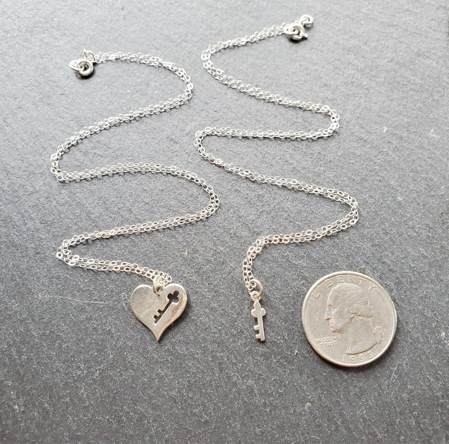Sterling Silver Mother-Daughter Necklace Set – Heart with Key Cutout & Matching Key on 18" + 16" Chains