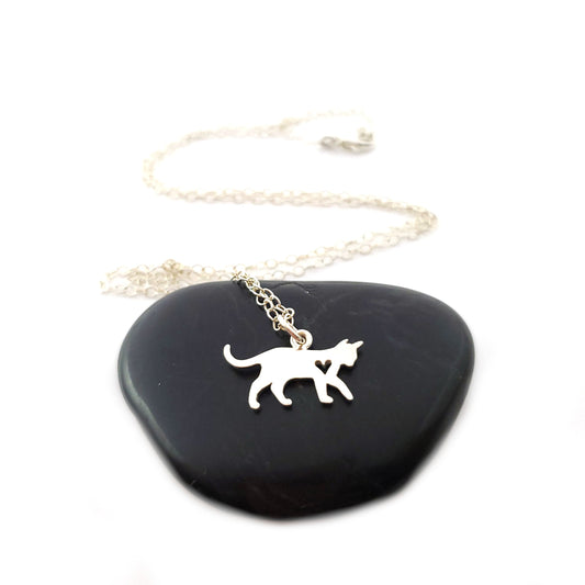 Cat Charm with Heart Cutout Necklace - Sterling Silver Jewelry