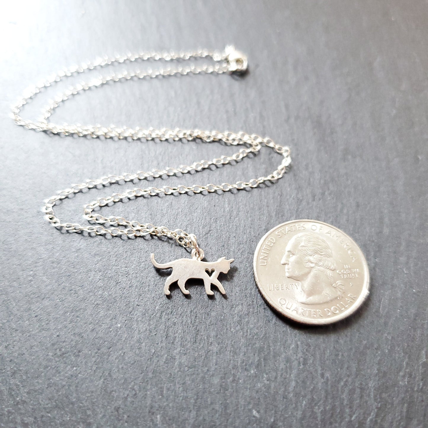 Cat Charm with Heart Cutout Necklace - Sterling Silver Jewelry