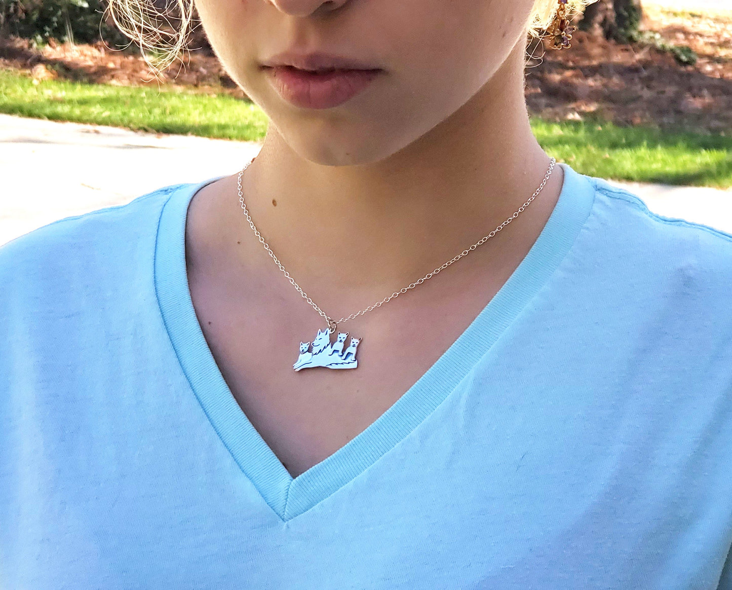 Mama Wolf and Pups Charm Sterling Silver Necklace