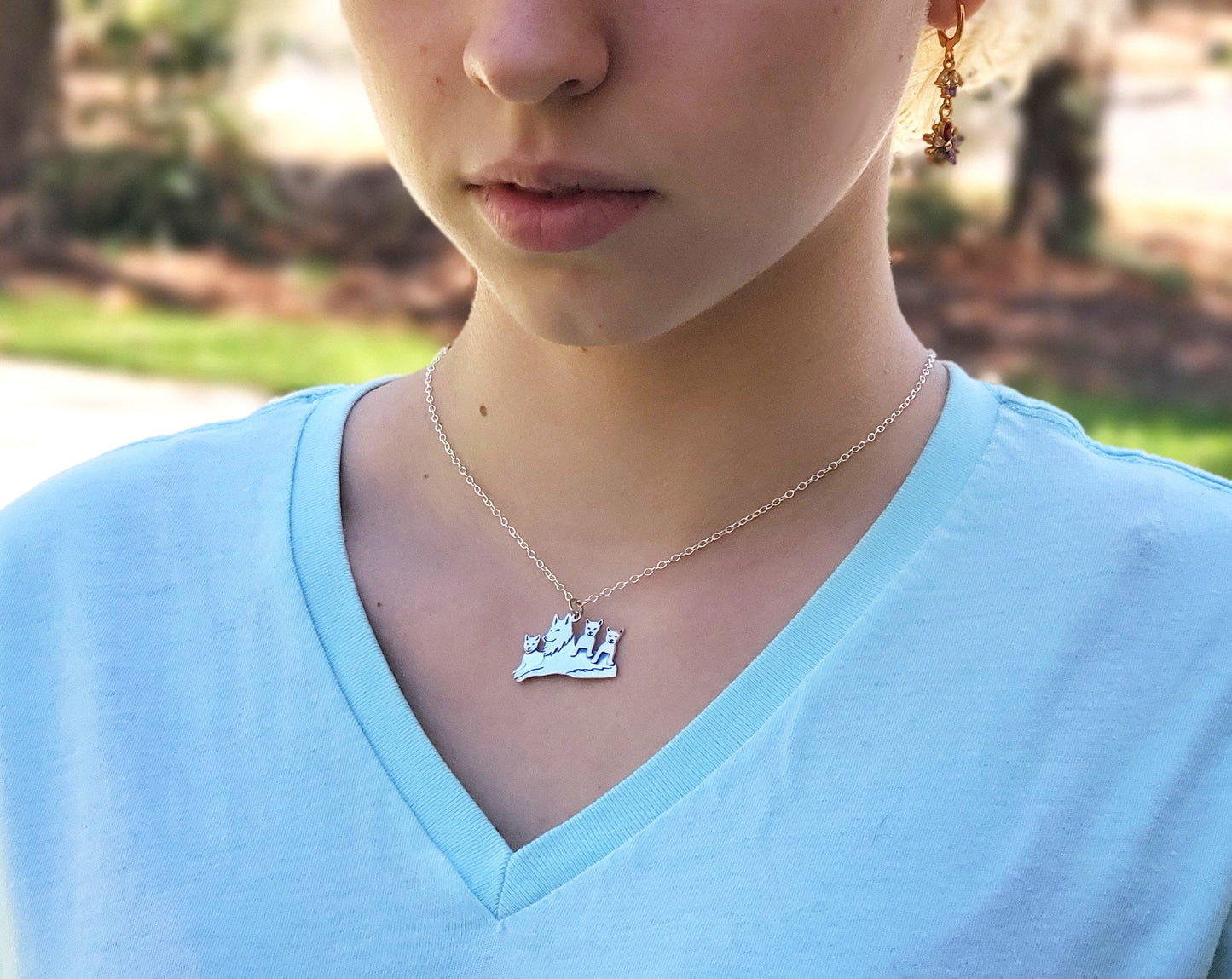 Mama Wolf and Pups Charm Sterling Silver Necklace
