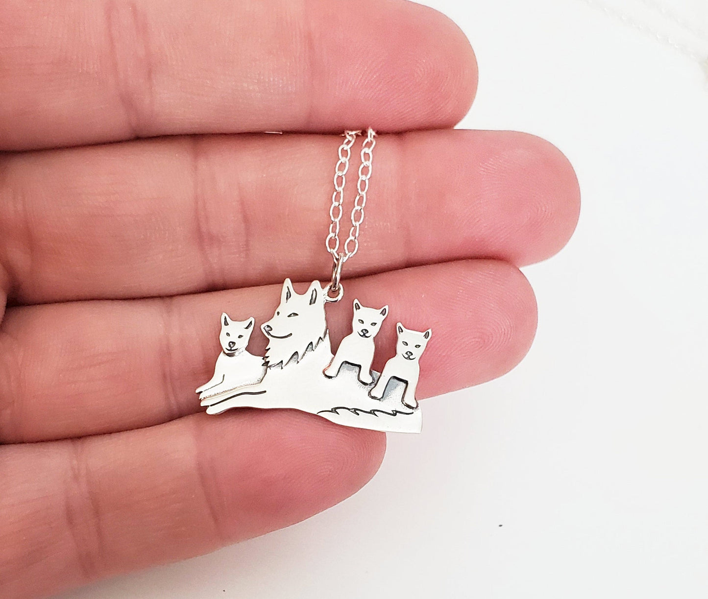 Mama Wolf and Pups Charm Sterling Silver Necklace