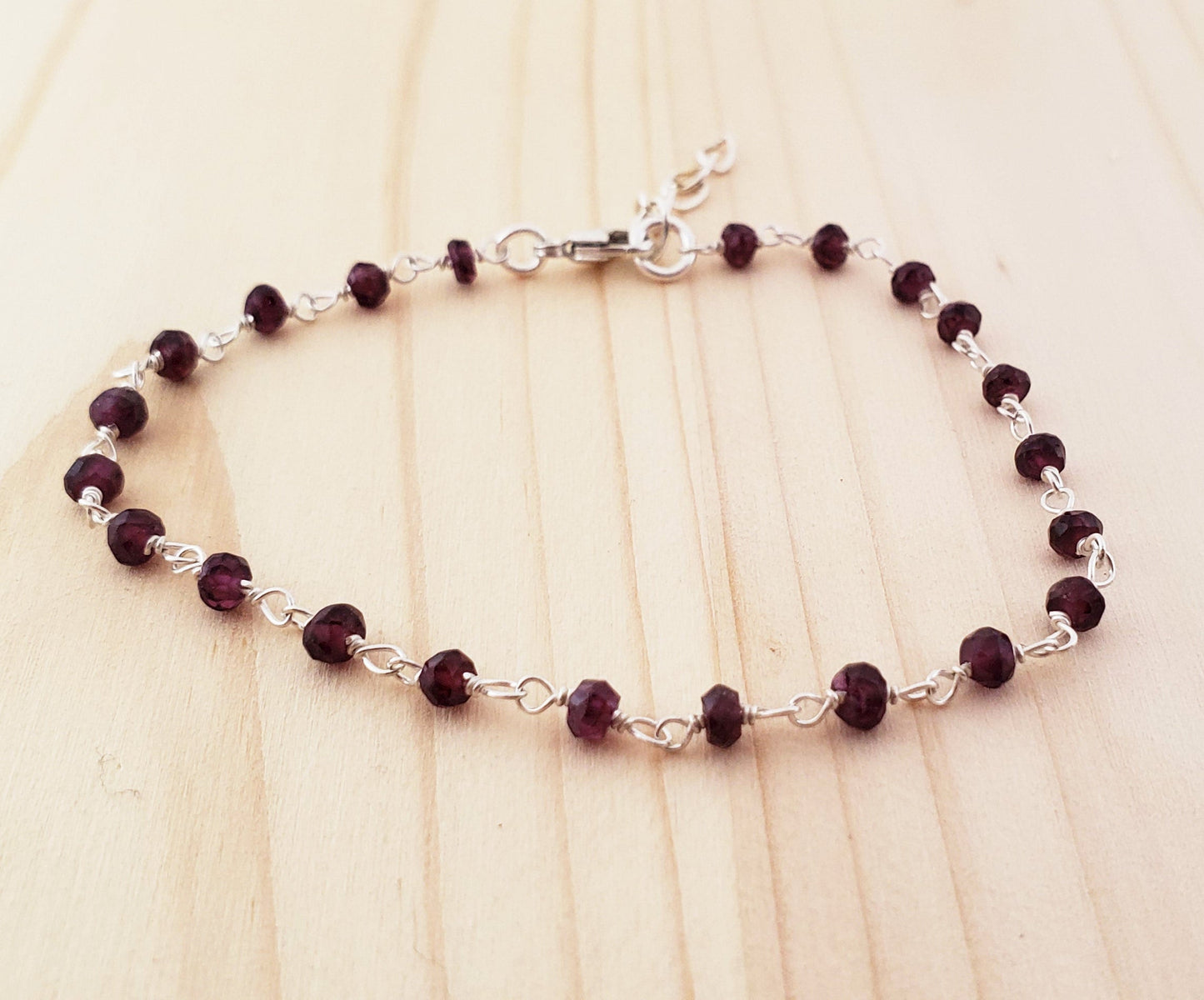 Garnet Gemstone Wire Wrapped Sterling Silver Bracelet