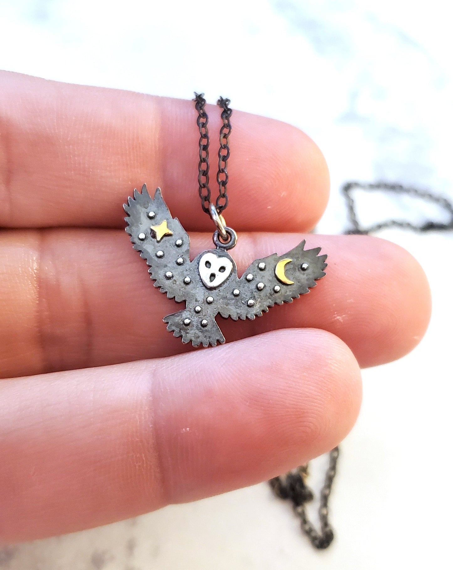 Oxidized Owl with Stars and Moon Sterling Silver Necklace