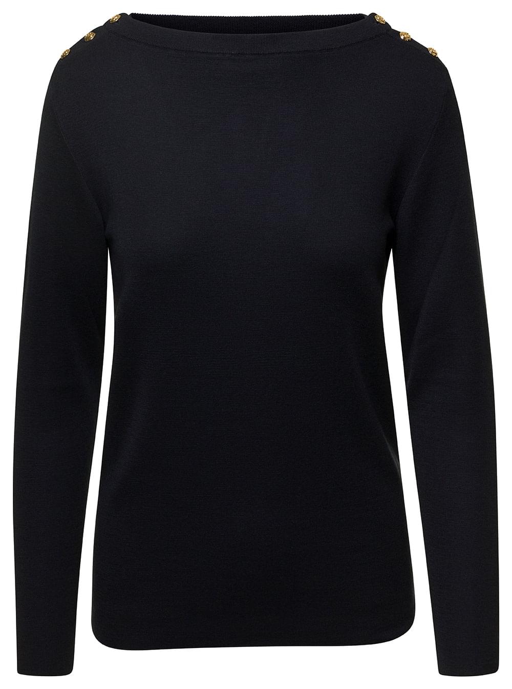 Gucci Women Black Sweater With Boat Neckline And Golden Logo Buttons In Cashmere Woman