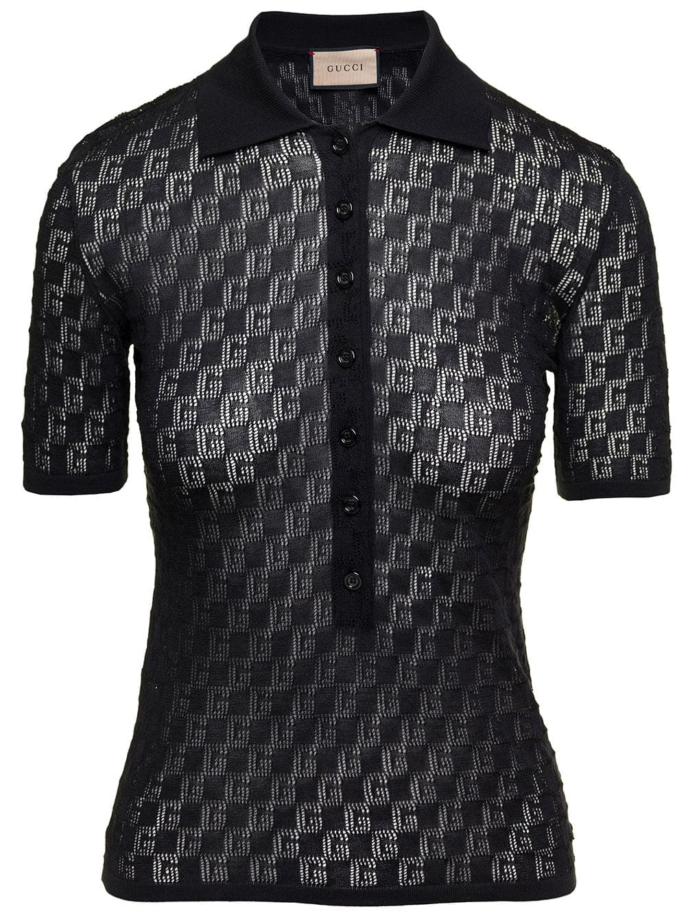 Gucci Women Black Polo Shirt With Button Closure And Gg Motif In Cotton And Silk Blend Woman