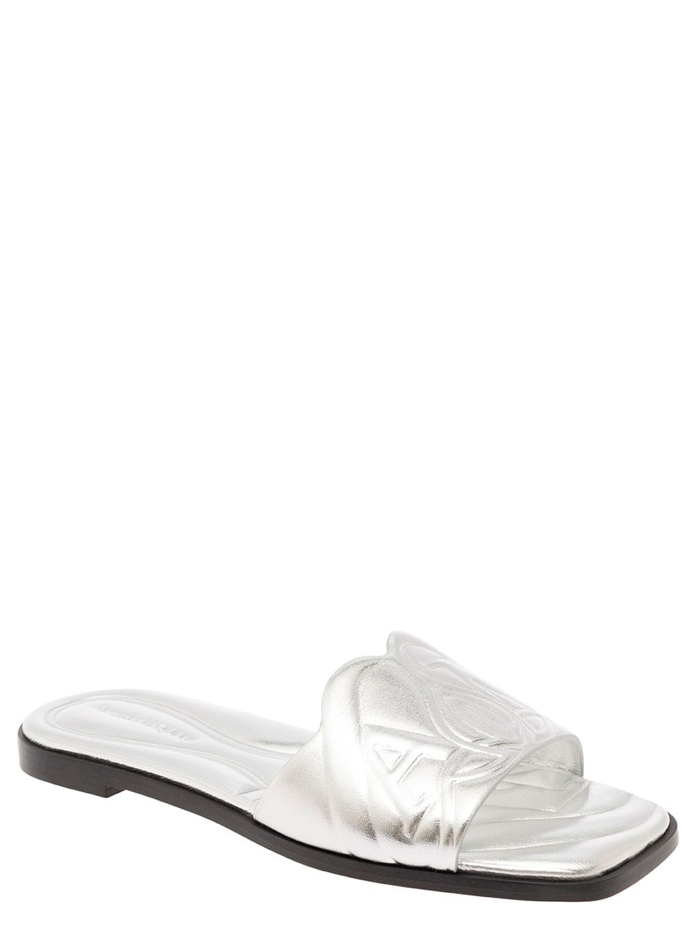 Alexander Mcqueen Women Metallic Flat Sandals With Embossed Motif In Metallic Leather Woman
