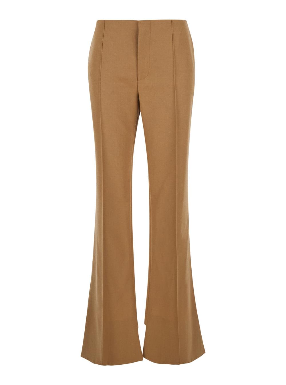 Chloé Women Beige Flared Pants With Asymmetric Hem In Grain De Poudre Wool Woman