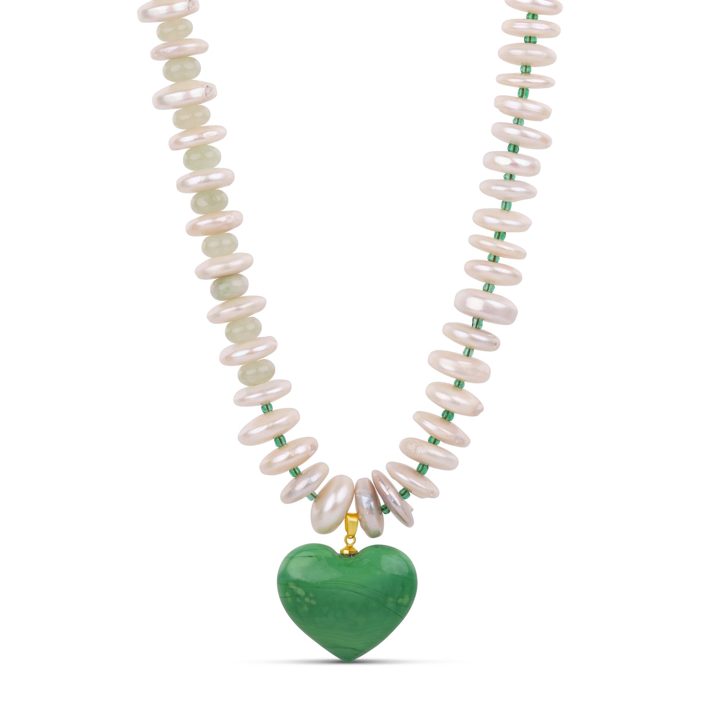Green Heart Pendant Necklace - Fresh Water Pearl & Murano Glass Necklace