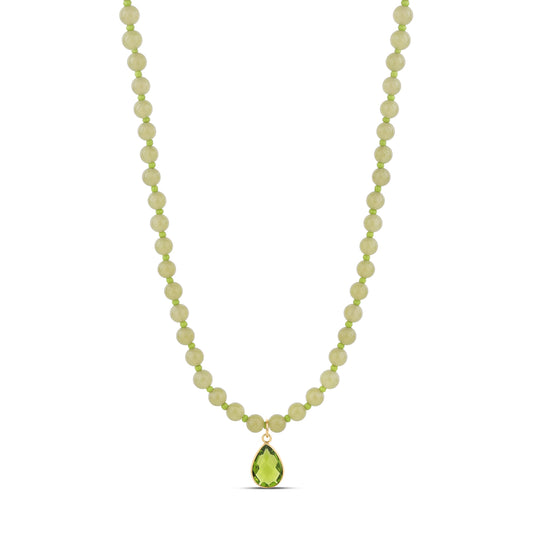 Lime Jade Bead Necklace with Green Teardrop Pendant