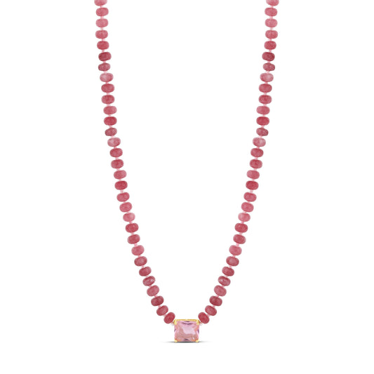 Rosy Quartz Bead Necklace with Pink Solitaire
