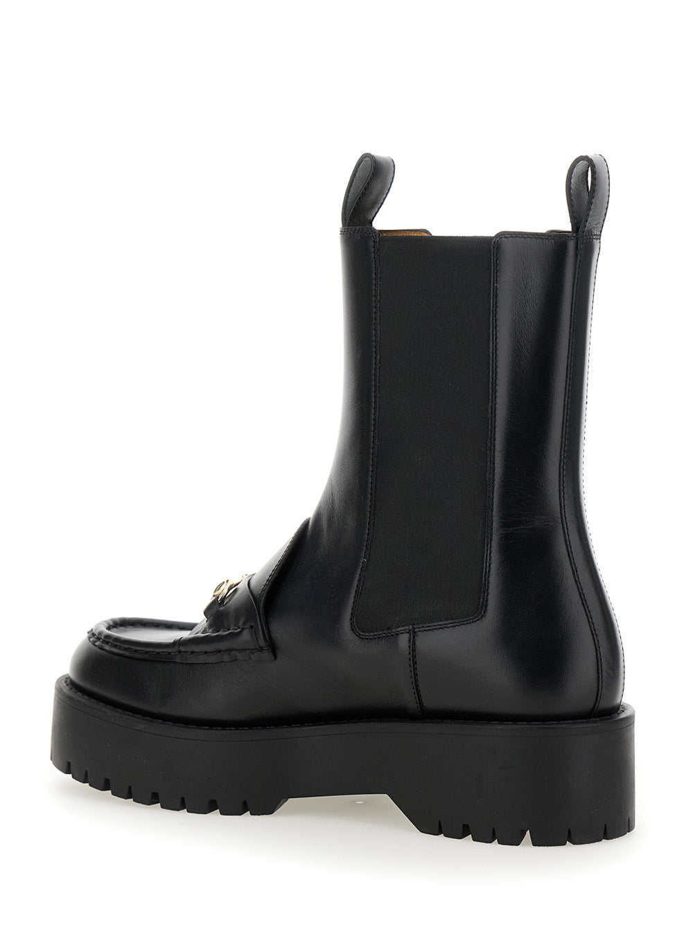 Gucci Women Black Ankle Boots With Horsebit And Lug Sole In Leather Woman