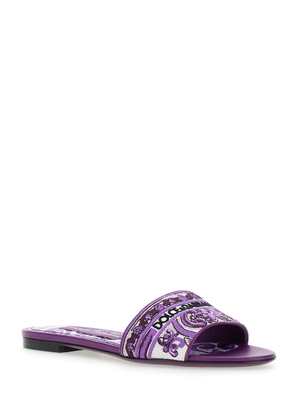 Dolce & Gabbana Women Violet Sandals With Logo Embroidery On The Front And All-Over Majolica Motif In Cotton Blend Woman