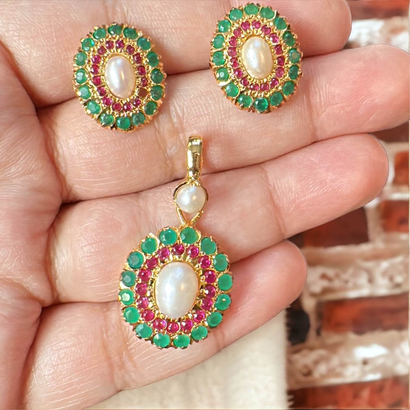 Gold plated jadau silver pendant set in ruby emeralds   ( SHIPS IN 5 WEEKS )