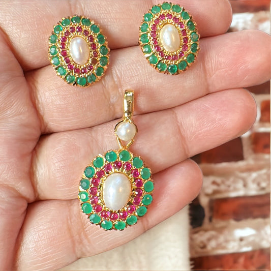 Gold plated jadau silver pendant set in ruby emeralds   ( SHIPS IN 5 WEEKS )