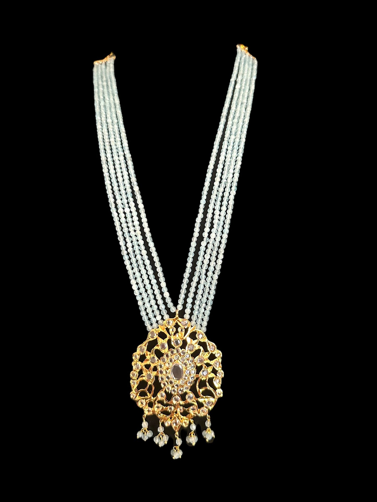DLN123 Himah long necklace with earrings in real aquamarine beads ( SHIPS IN 2 WEEKS )