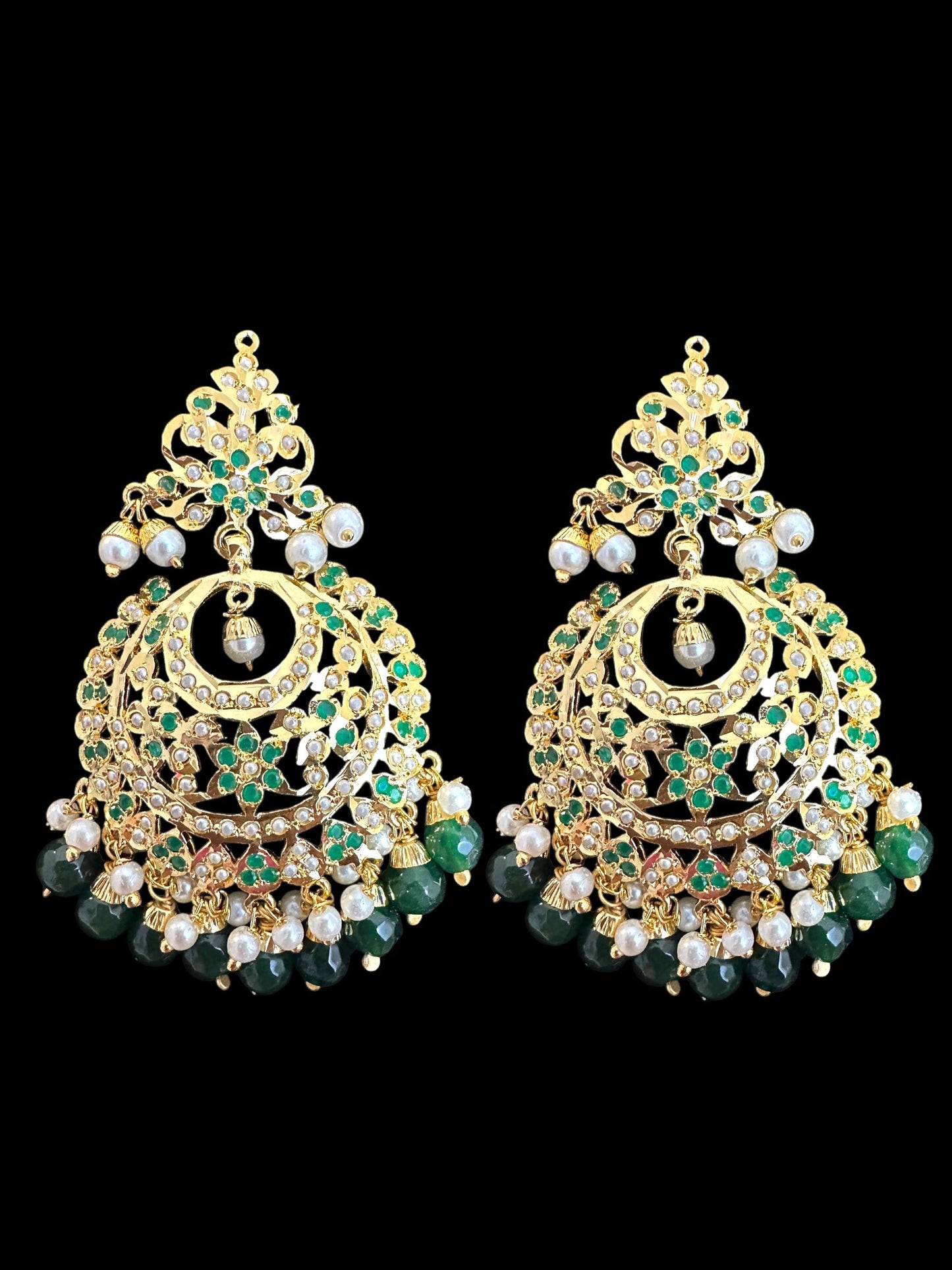 DJET84 Dafiya Gold Plated emerald Chandbali Earrings & Tika Set | Ready to Ship | Deccan Jewelry
