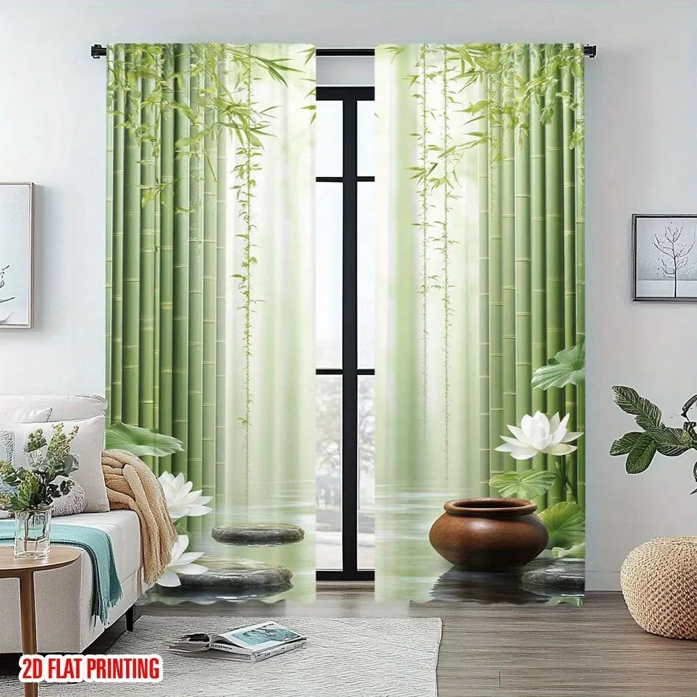 2-Piece Zen Botanical Window Curtains – Bamboo Forest & Lotus Flower Print