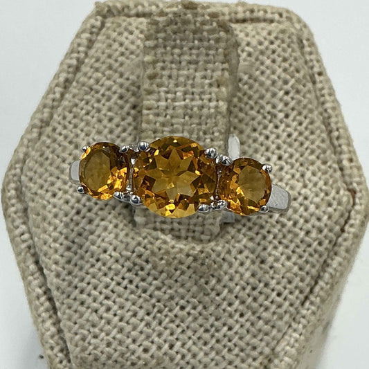 Sterling Silver Three Stone Citrine Ring – Size 8 – Abundance, Joy & Manifestation