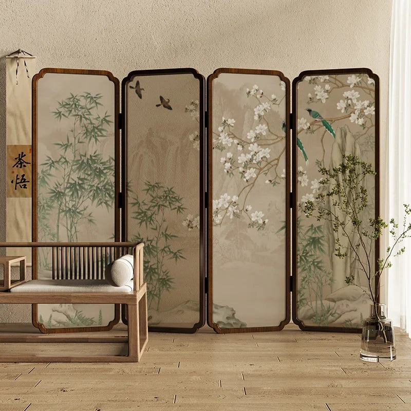 Zen Wood Folding Screen Partition | Floral & Bird Room Divider