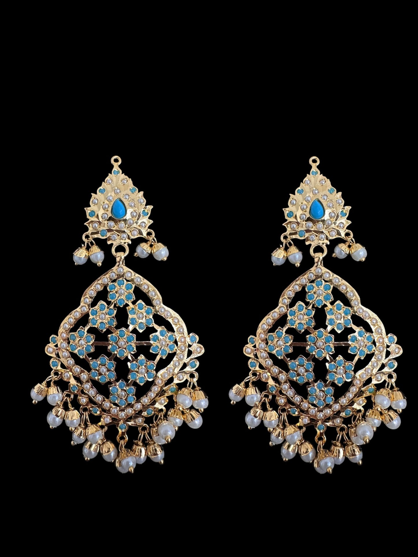 DJET91 Mehru Jadau chandbali earrings tika in turquoise/feroza pearls ( READY TO SHIP )