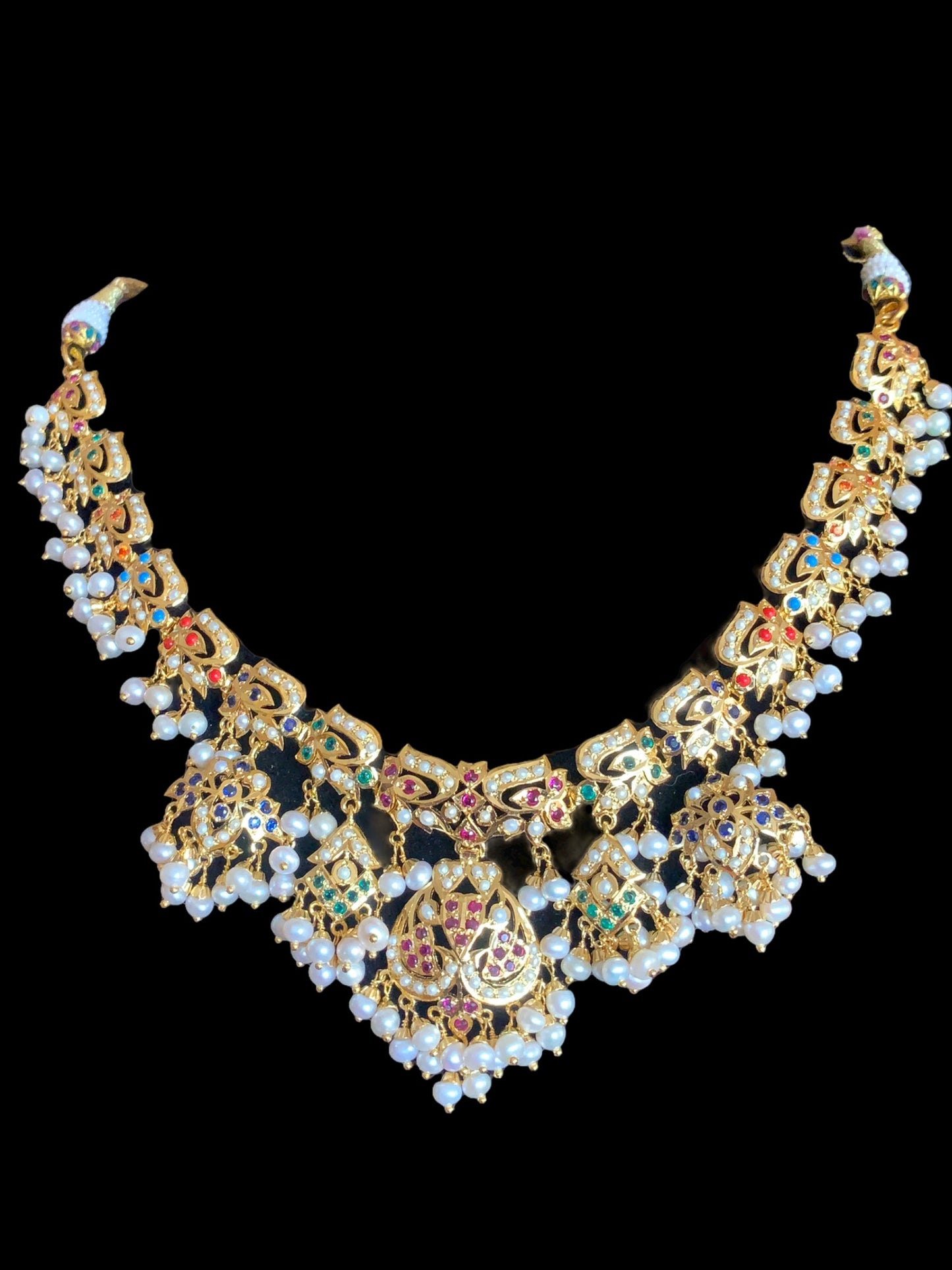 Navratan necklace  set with fresh water pearls in gold plated silver ( READY TO SHIP )