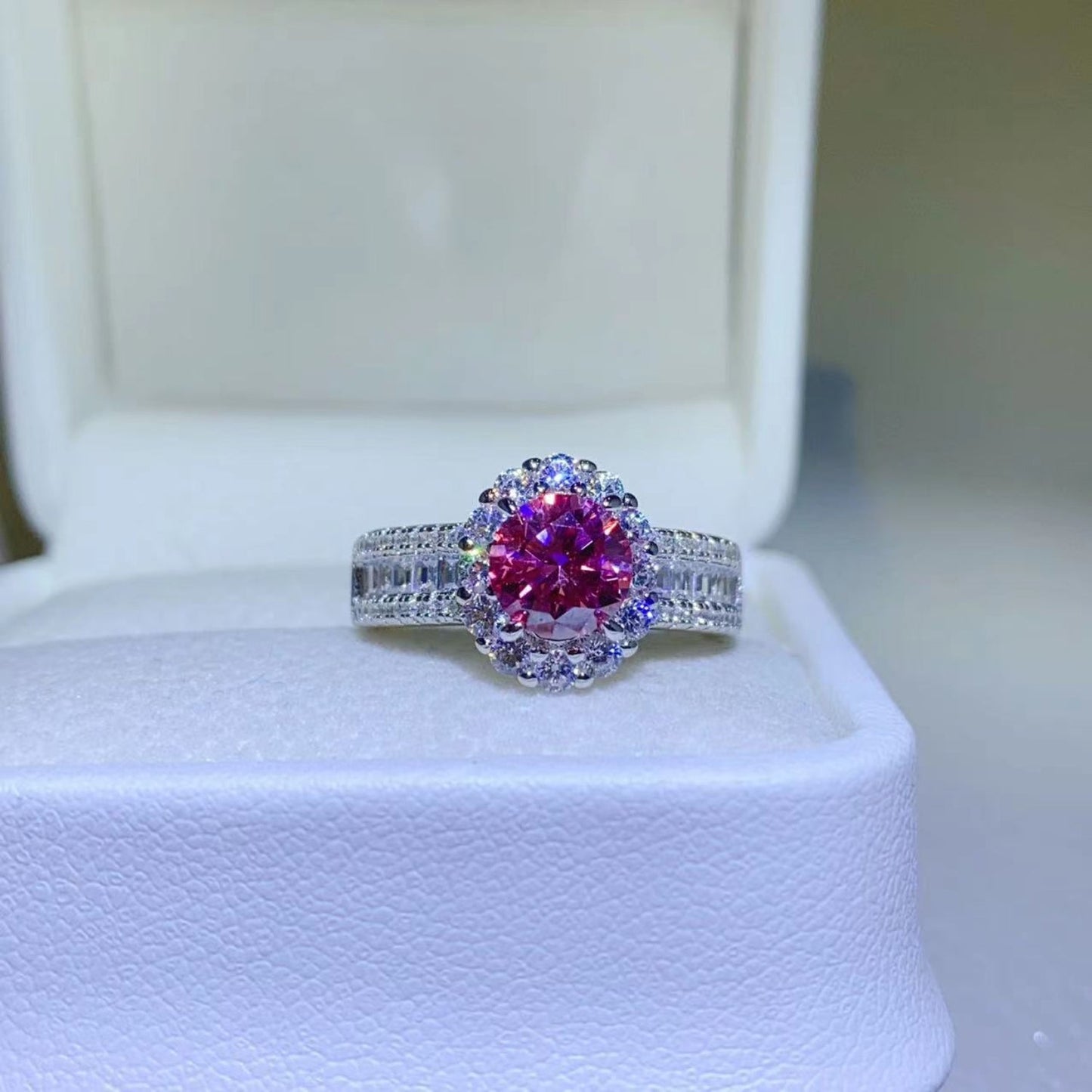 1 Carat Fuschia Red Sparkala™ Pure Sterling Silver Halo Ring