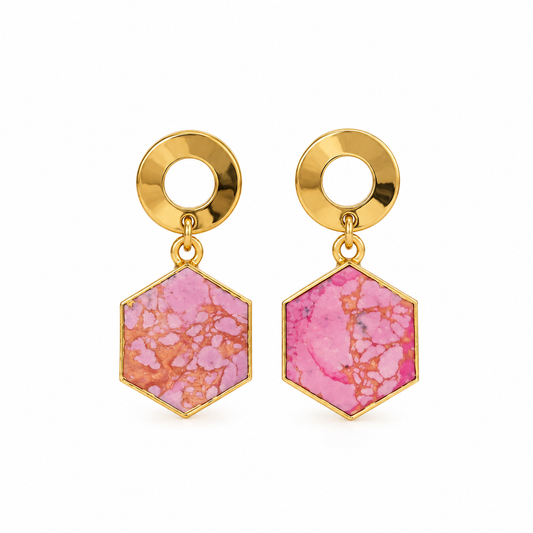 Pink Howlite Hexagon Drop Earrings