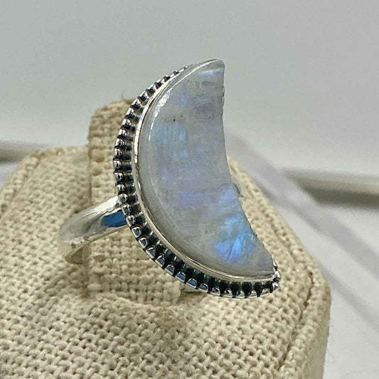 Sterling Silver Rainbow Moonstone Crescent Moon Ring – Size 6 – Intuition, Feminine Energy & New Beginnings
