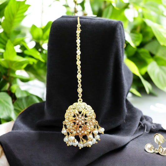 Gold plated silver tikka in fresh water pearls ( READY TO SHIP  )