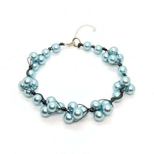 Aqua Glass Pearls and Platinum Leather Woven Necklace